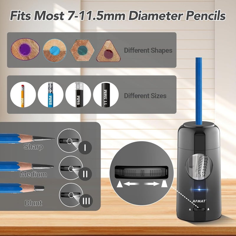 AFMAT Electric Pencil Sharpener, Rechargeable Fully Automatic Pencil Sharpener for Jumbo & Colored Pencils (7-11.5mm), Auto in/Out, Hands-Free, Portable for Home/Classroom/Office PSX6 (Black) - Image 3